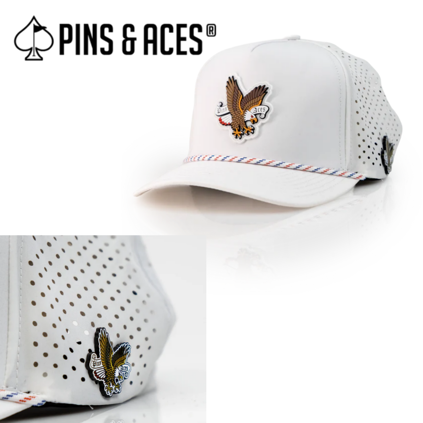 Pins & Aces: Freedom Eagle White Snapback Hat & MATCHING Ball Marker