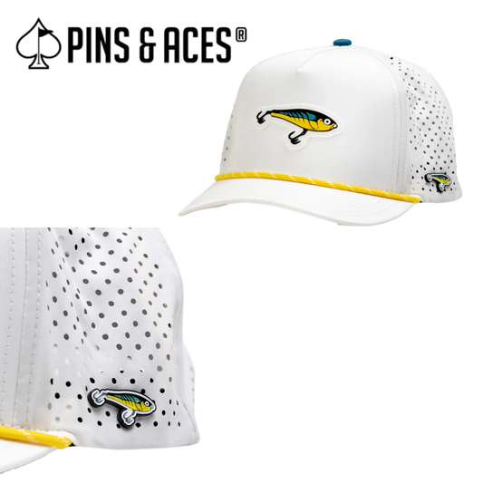 Pins & Aces: Fishing Lure White Snapback Hat & MATCHING Ball Marker
