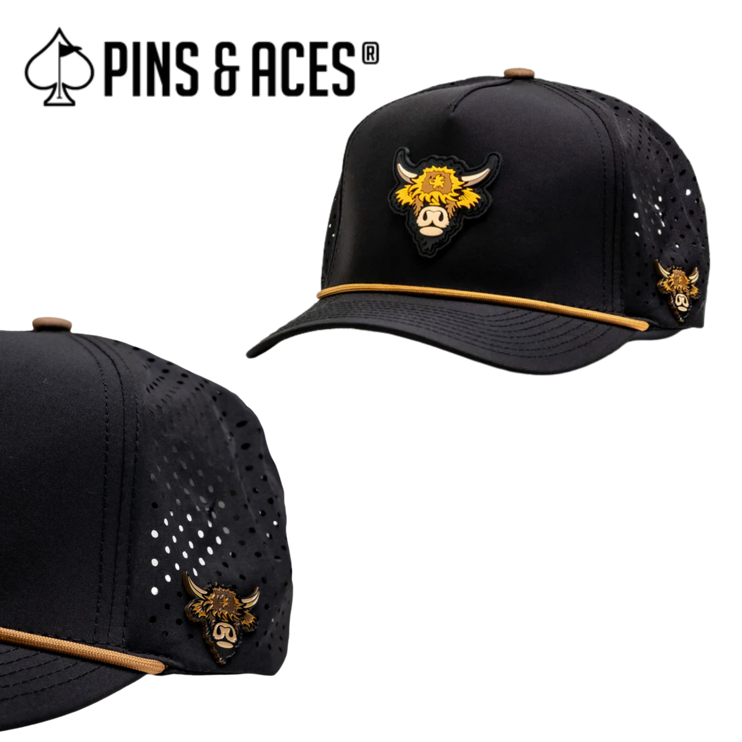 Pins & Aces: Highland Cow Black Snapback Hat & MATCHING Ball Marker