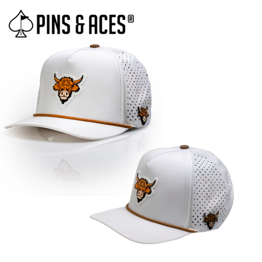Pins & Aces: Highland Cow White Snapback Hat & MATCHING Ball Marker
