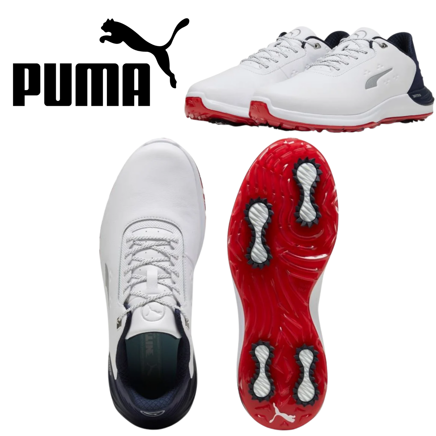 Puma PhantomCat Nitro Golf Shoe - White / Deep Navy / Red